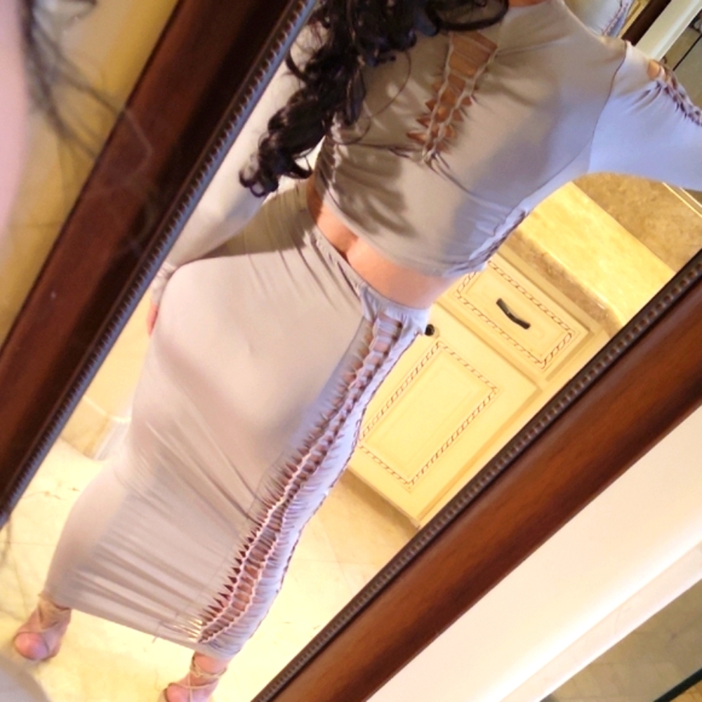 Fashion Nova Stylish Gray Midi Skirt Set, S